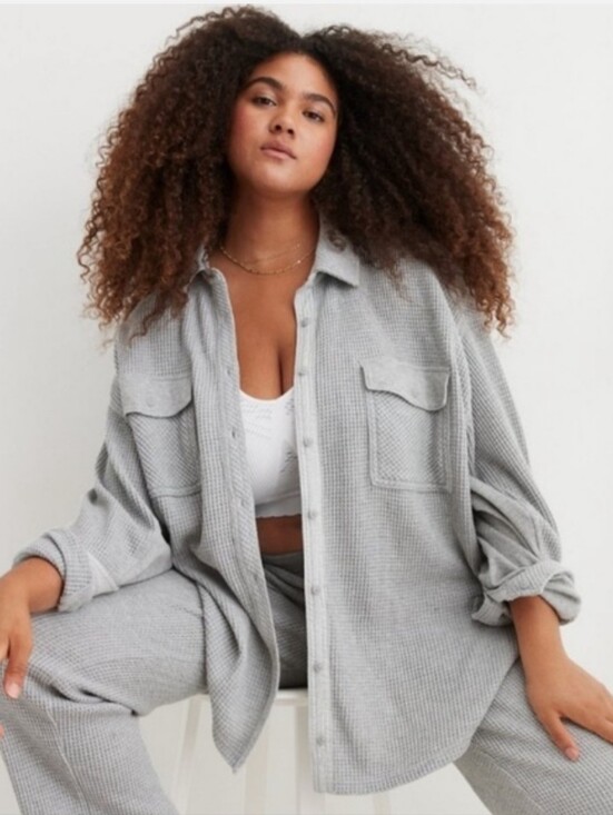 aerie Tops - Aerie Lumberjane Waffle Knit Button Up Shirt / Shacket Size Medium Gray & White